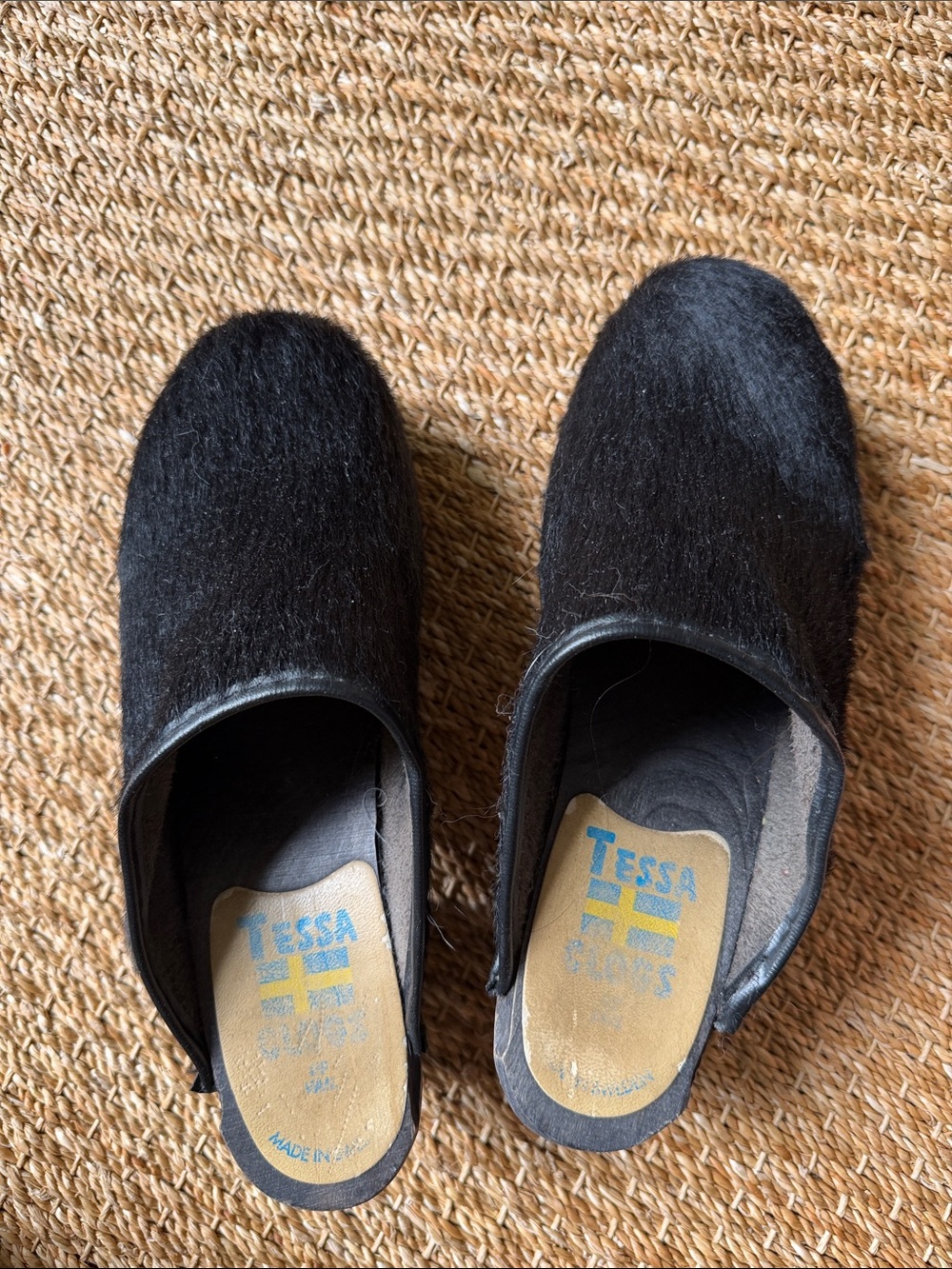 Tessa Swedish Clogs Black Hair-On Slip-On Clogs Sz 39